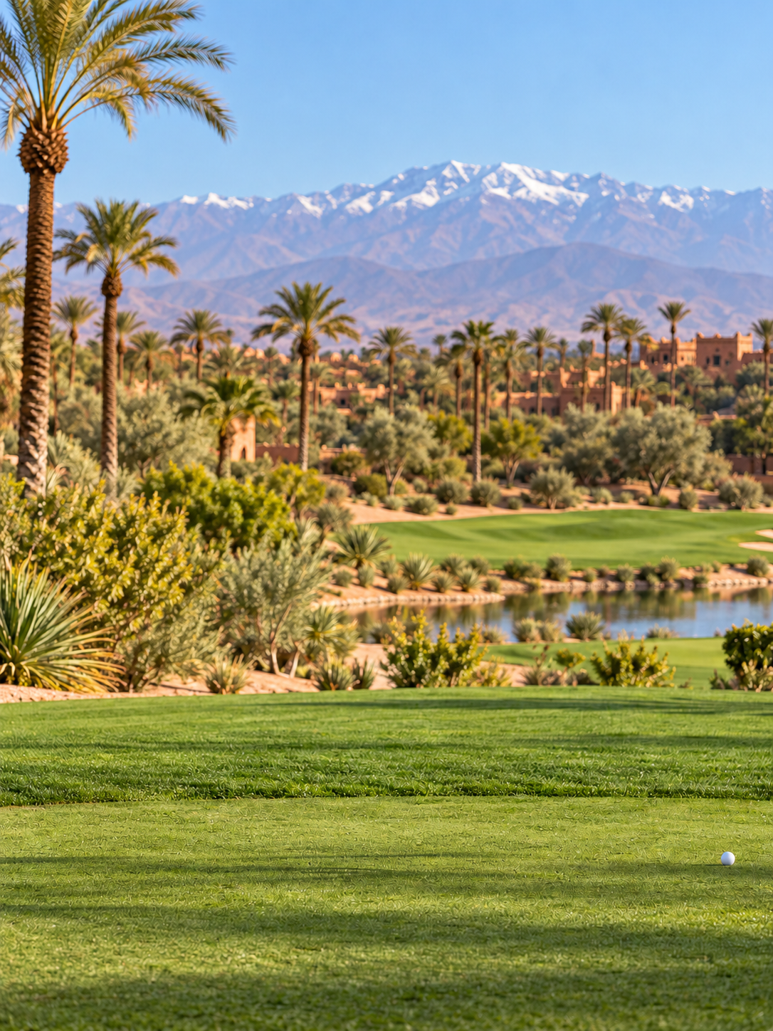 Marrakech golf course with palms, fairway and Atlas Mountains