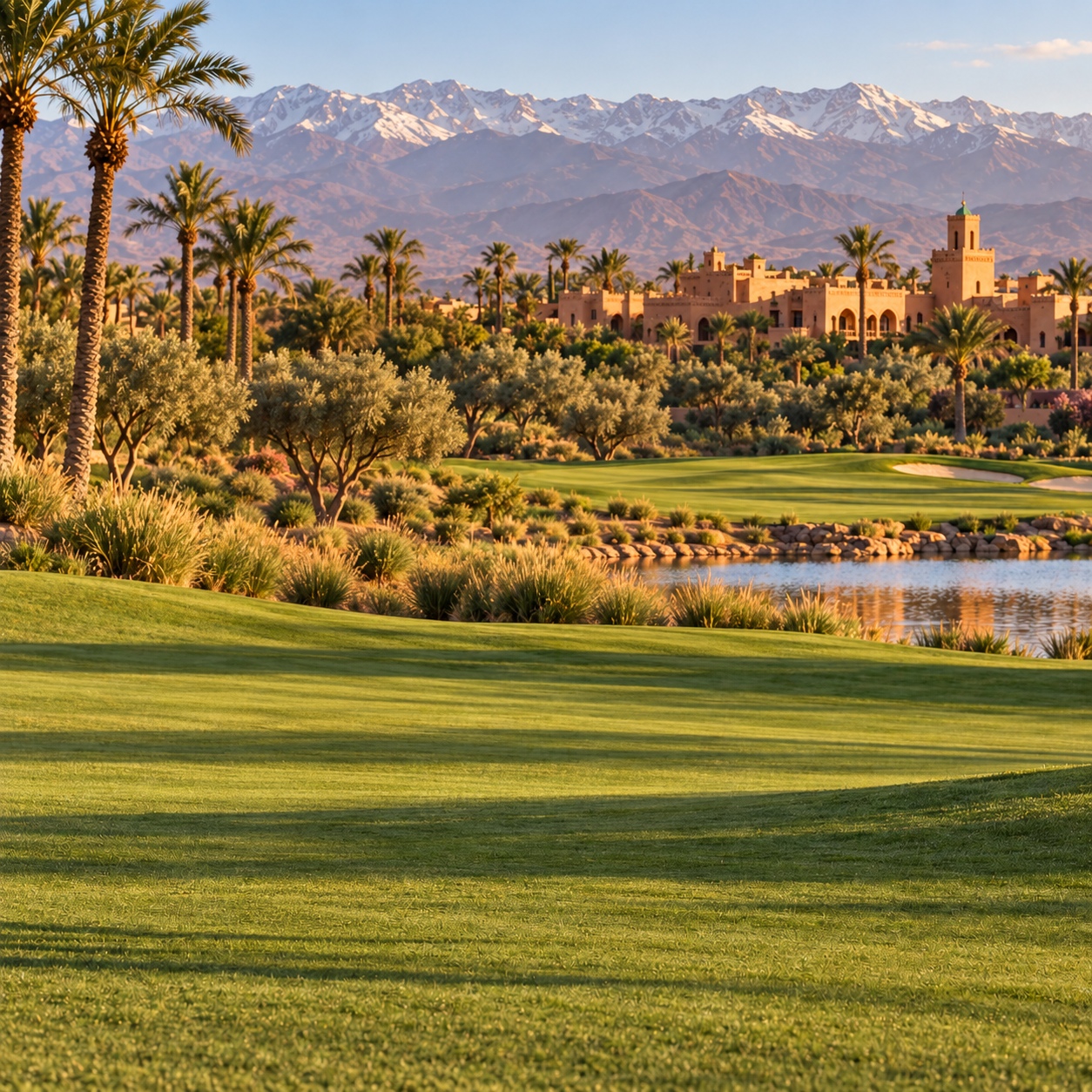Sunlit Marrakech golf course with resort palms and Atlas Mountains